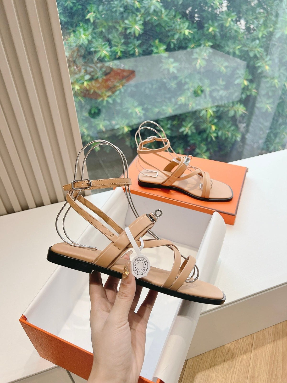 Hermes Women Beige Leather Strappy Sandals