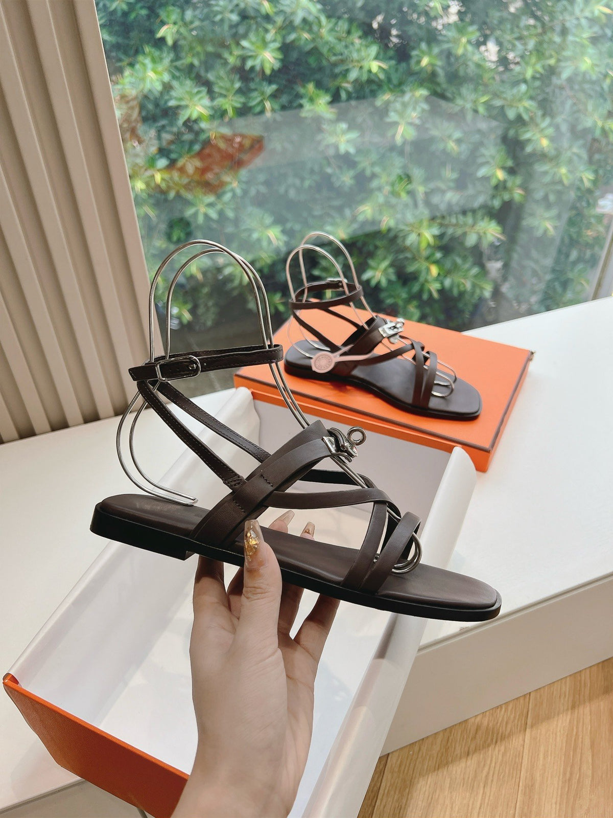 Hermes Women Dark Brown Leather Strappy Sandals