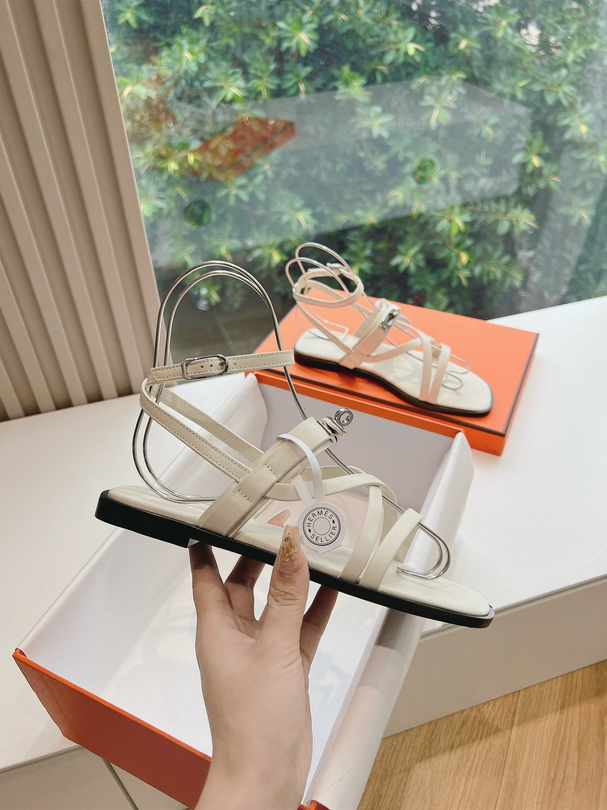 Hermes Women White Leather Strappy Sandals