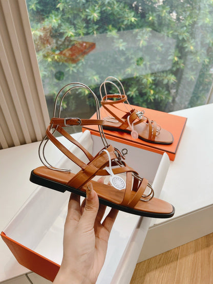 Hermes Women Tan Leather Strappy Sandals