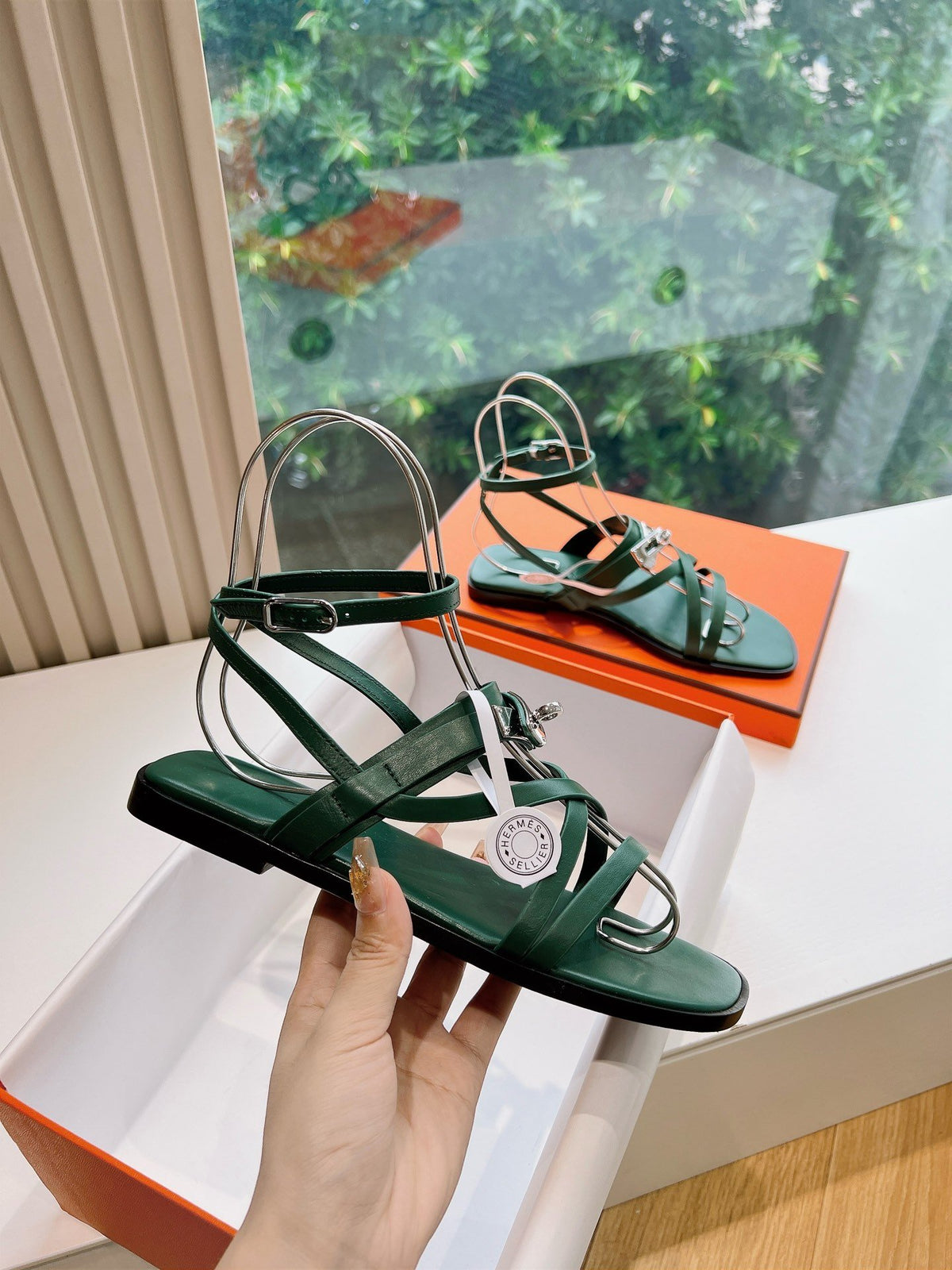Hermes Women Green Leather Strappy Sandals