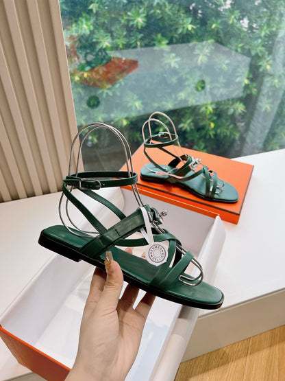 Hermes Women Green Leather Strappy Sandals