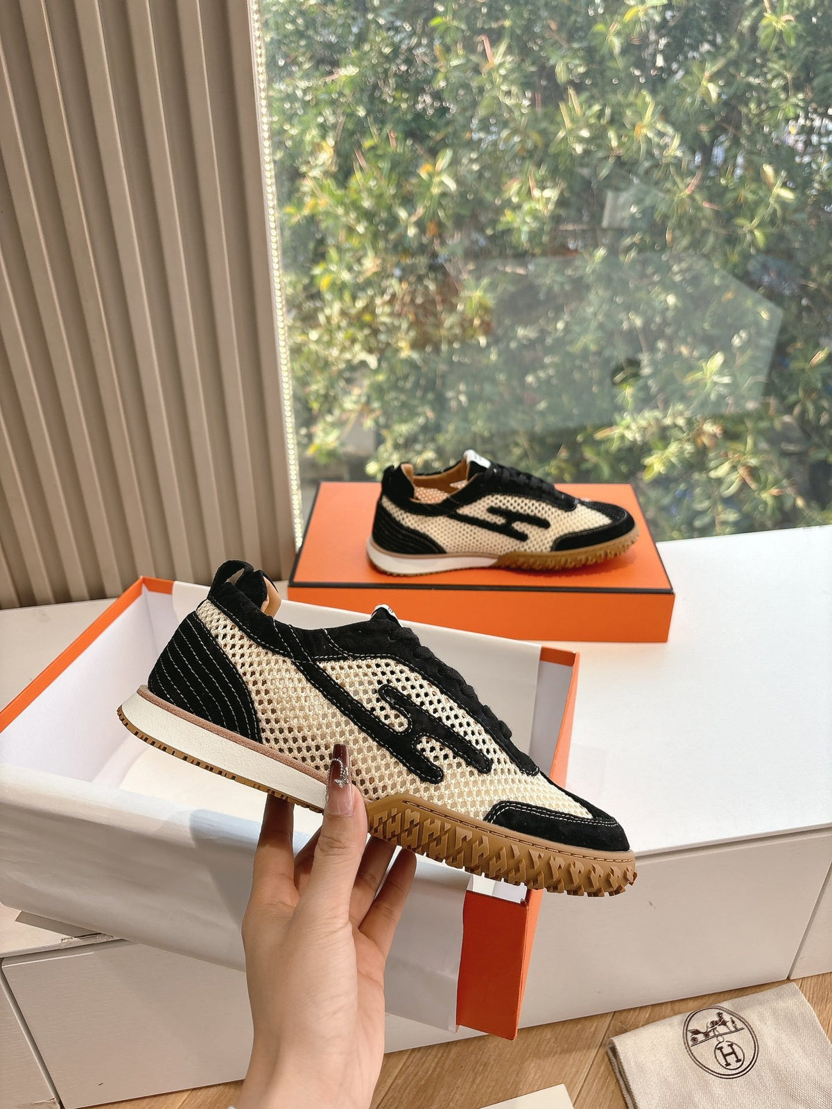 Hermes Women Black And White Mesh Sneakers