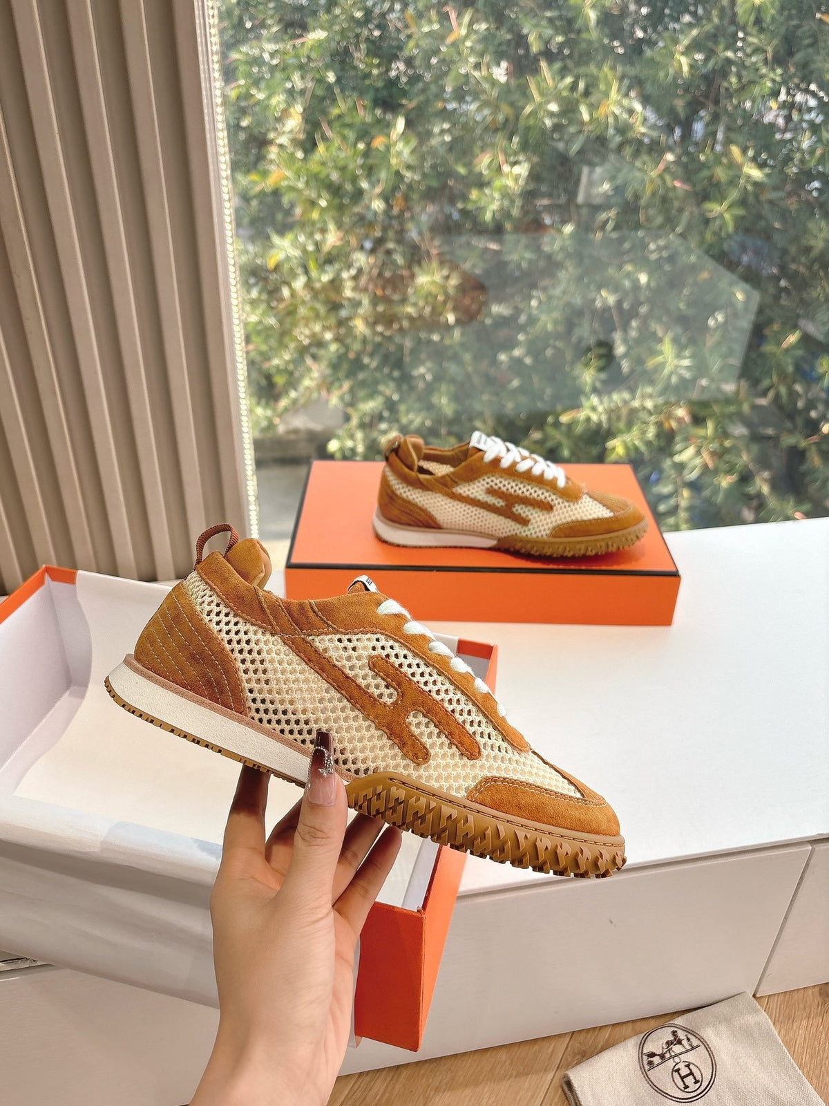 Hermes Women Brown Mesh Suede Sneakers