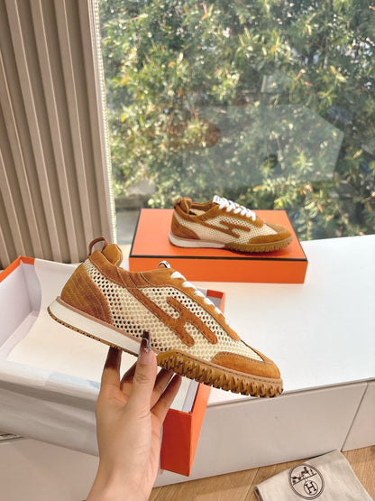 Hermes Women Brown Mesh Suede Sneakers