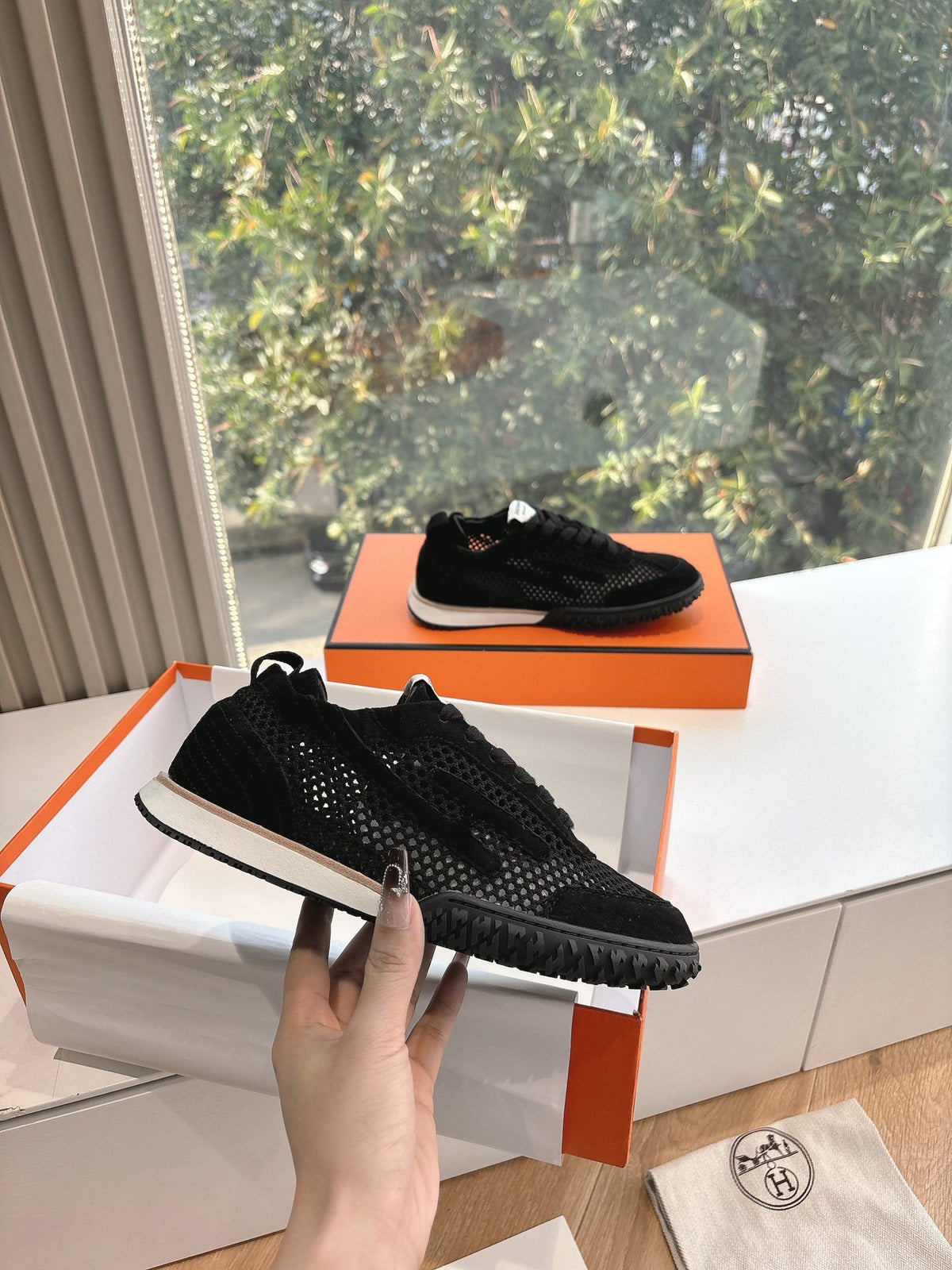 Hermes Women Black Suede Mesh Sneakers