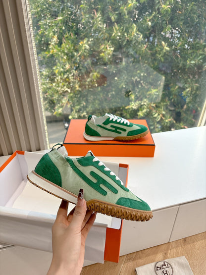Hermes Women Green Suede Canvas Sneakers