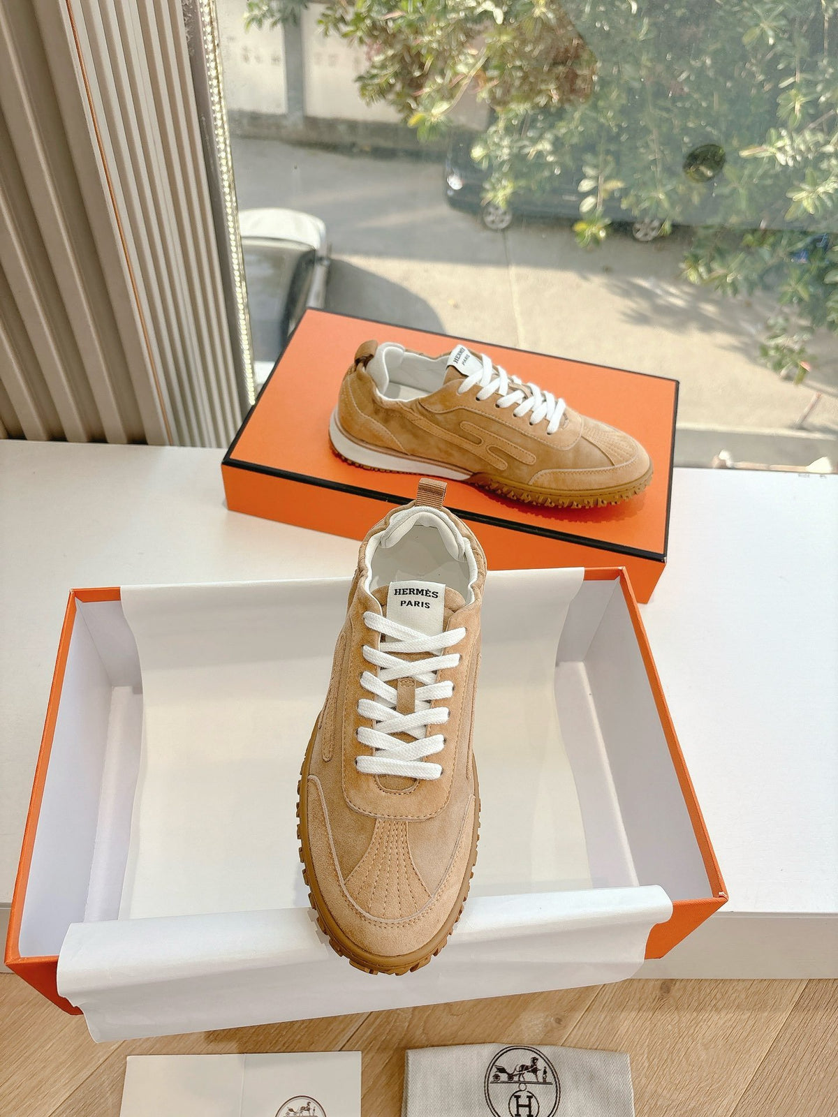 Hermes Women Beige Suede Sneakers
