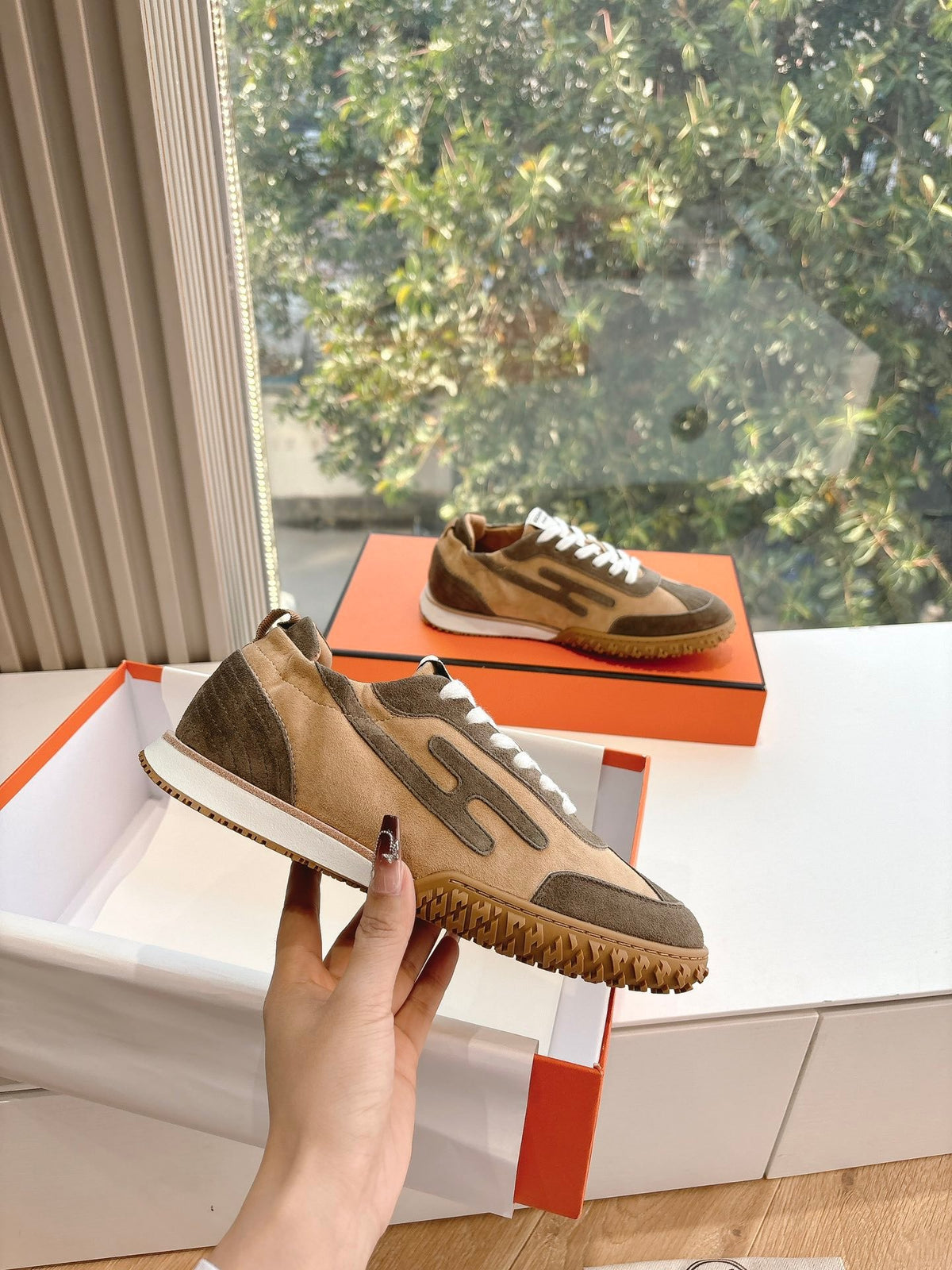 Hermes Women Brown Suede Sneakers