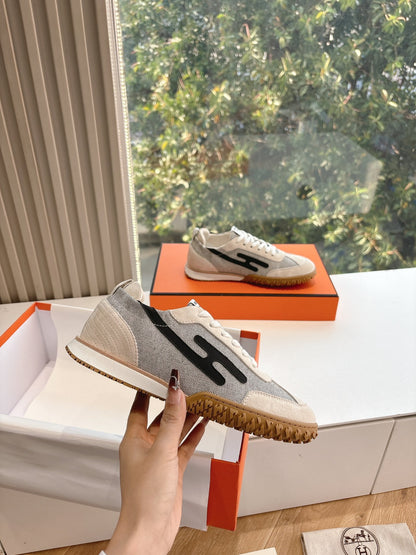 Hermes Women White Suede And Mesh Sneakers