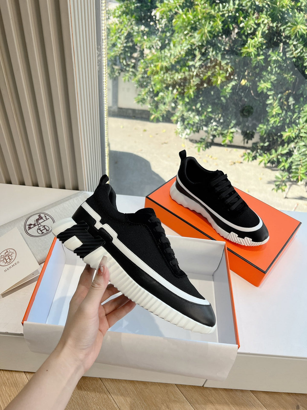Hermes Women Black Mesh And Leather Sneakers