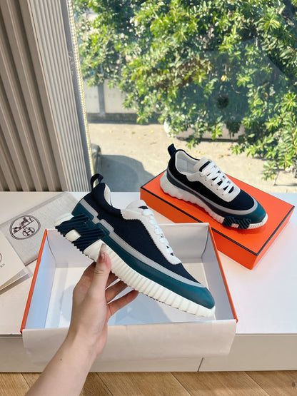 Hermes Women Navy Blue White Mesh Sneakers