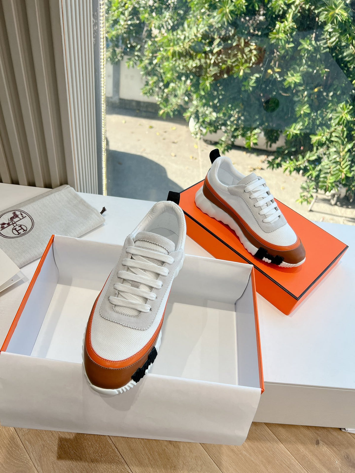 Hermes Women White Brown Leather Mesh Sneakers
