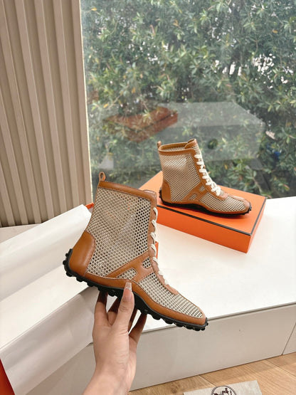 Hermes Women Beige Mesh And Brown Leather Sneakers