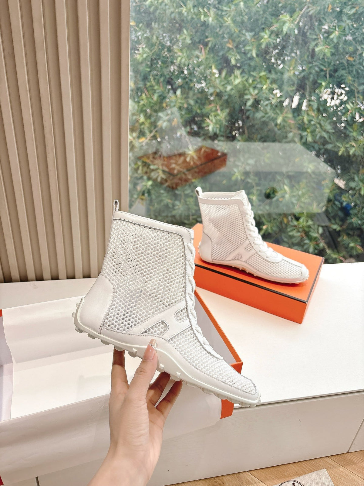 Hermes Women White Mesh Leather Sneakers