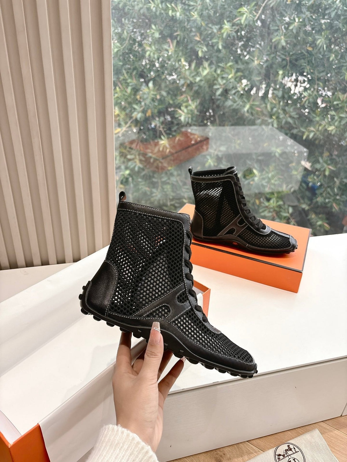 Hermes Women Black Mesh And Leather Boots