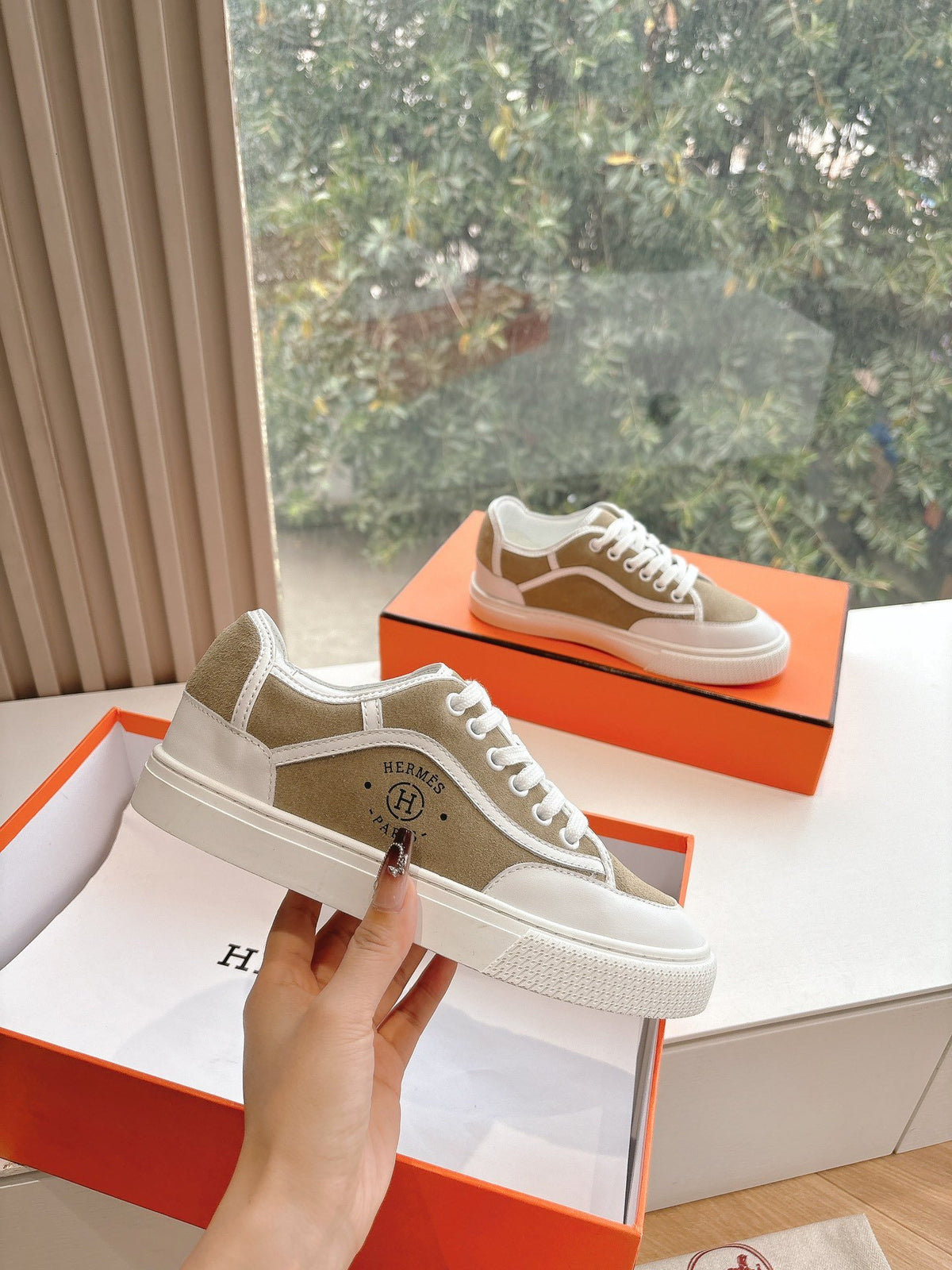 Hermes Women Beige Suede White Leather Sneakers