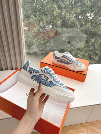 Hermes Women Light Blue Canvas And White Sneakers