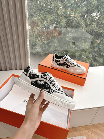 Hermes Women Black White Canvas Sneakers