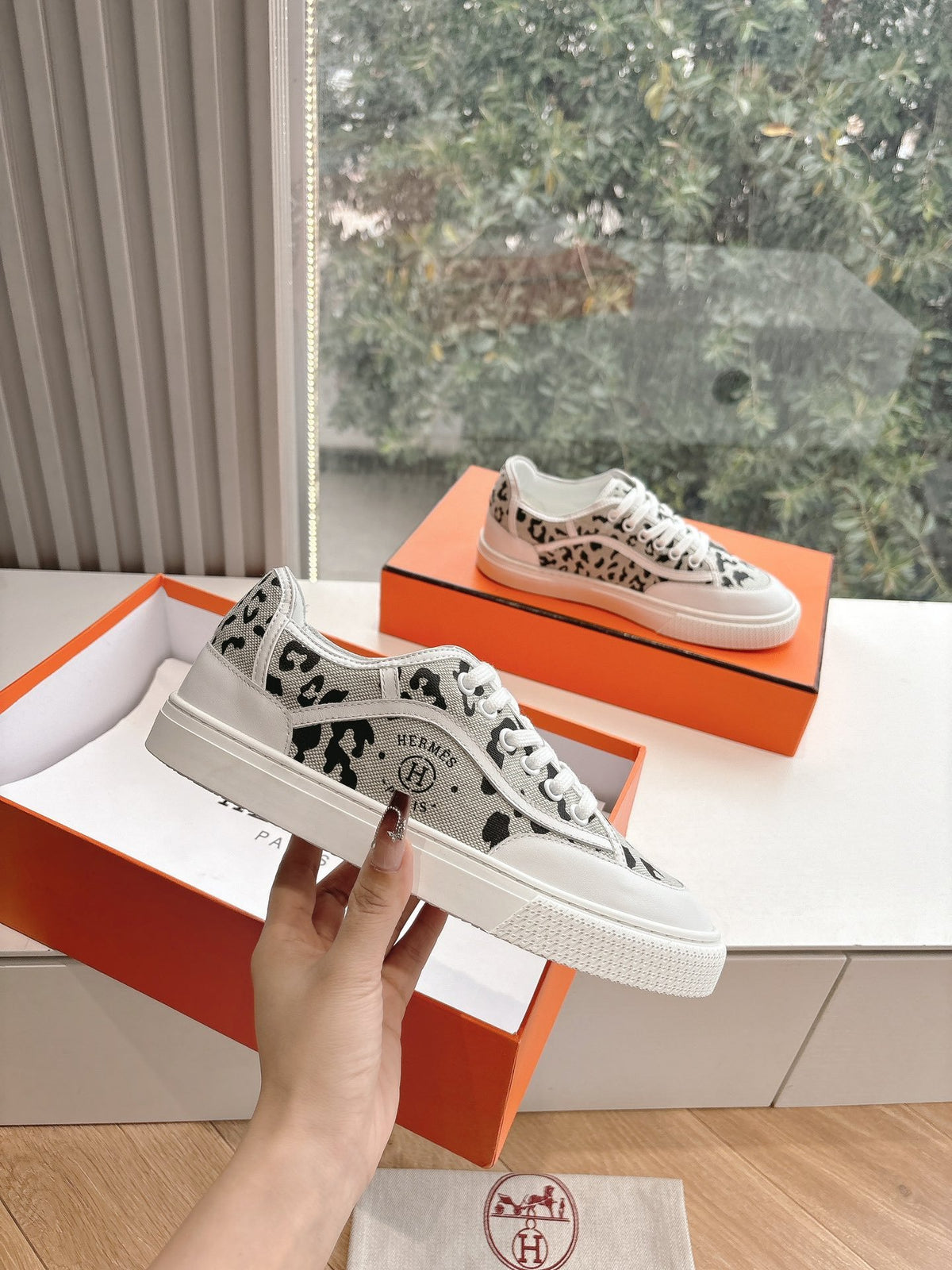 Hermes Women White Canvas Leopard Print Sneakers