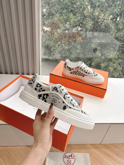 Hermes Women White Canvas Leopard Print Sneakers