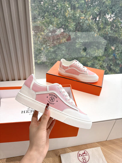 Hermes Women Pink Canvas And White Leather Sneakers