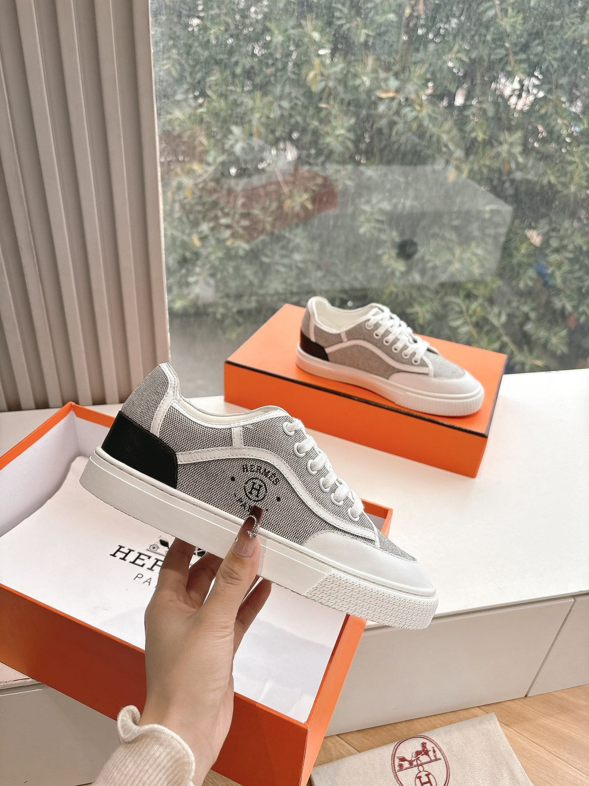 Hermes Women White Gray Mesh Canvas Sneakers