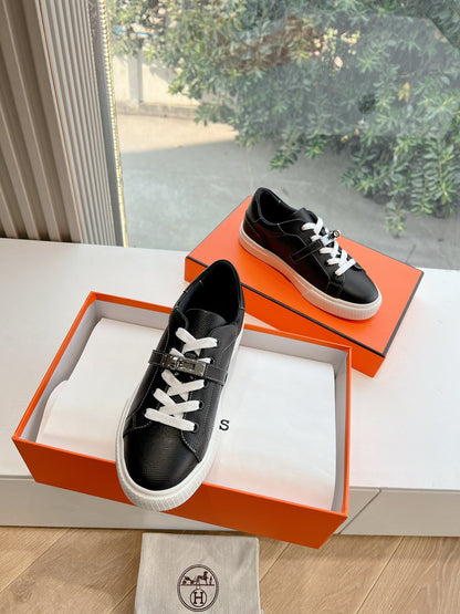 Hermes Women Black Leather Sneakers With Buckle Strap