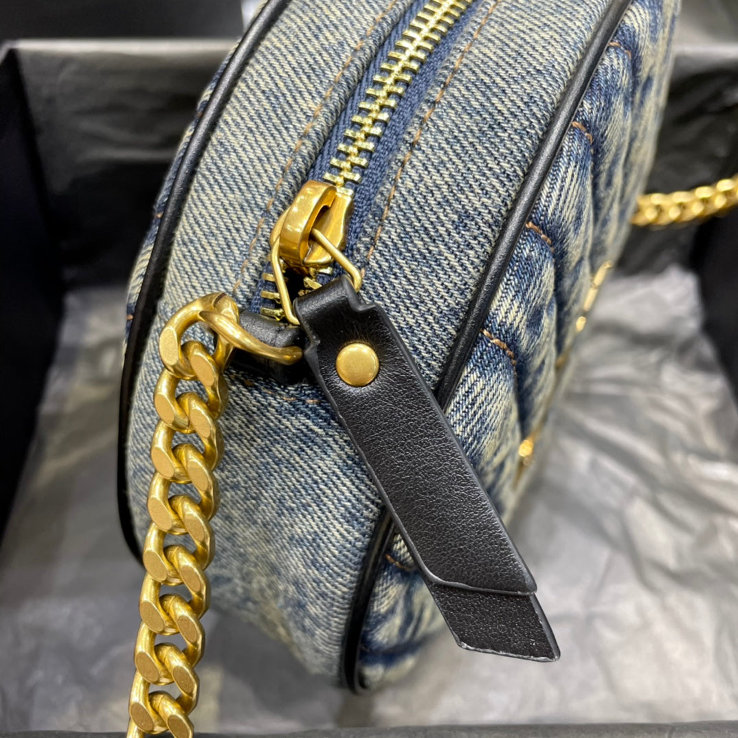 Saint Laurent YSL Women Vinyle Round Camera Bag in Chevron-Quilted Denim and Suede