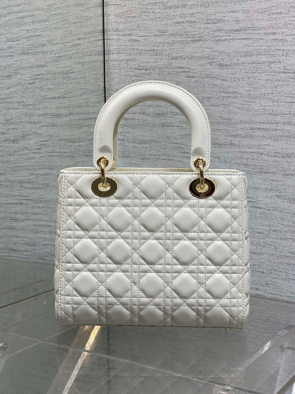 Dior Medium Lady Bag in White Gold Hardware