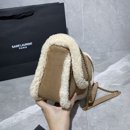 Saint Laurent Medium Niki Shoulder Bag in Tan/Cream Nubuck and Shearling Brown Beige