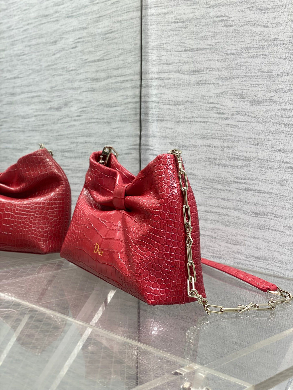 Dior Bow Bag Small Red Crocodile-Embossed