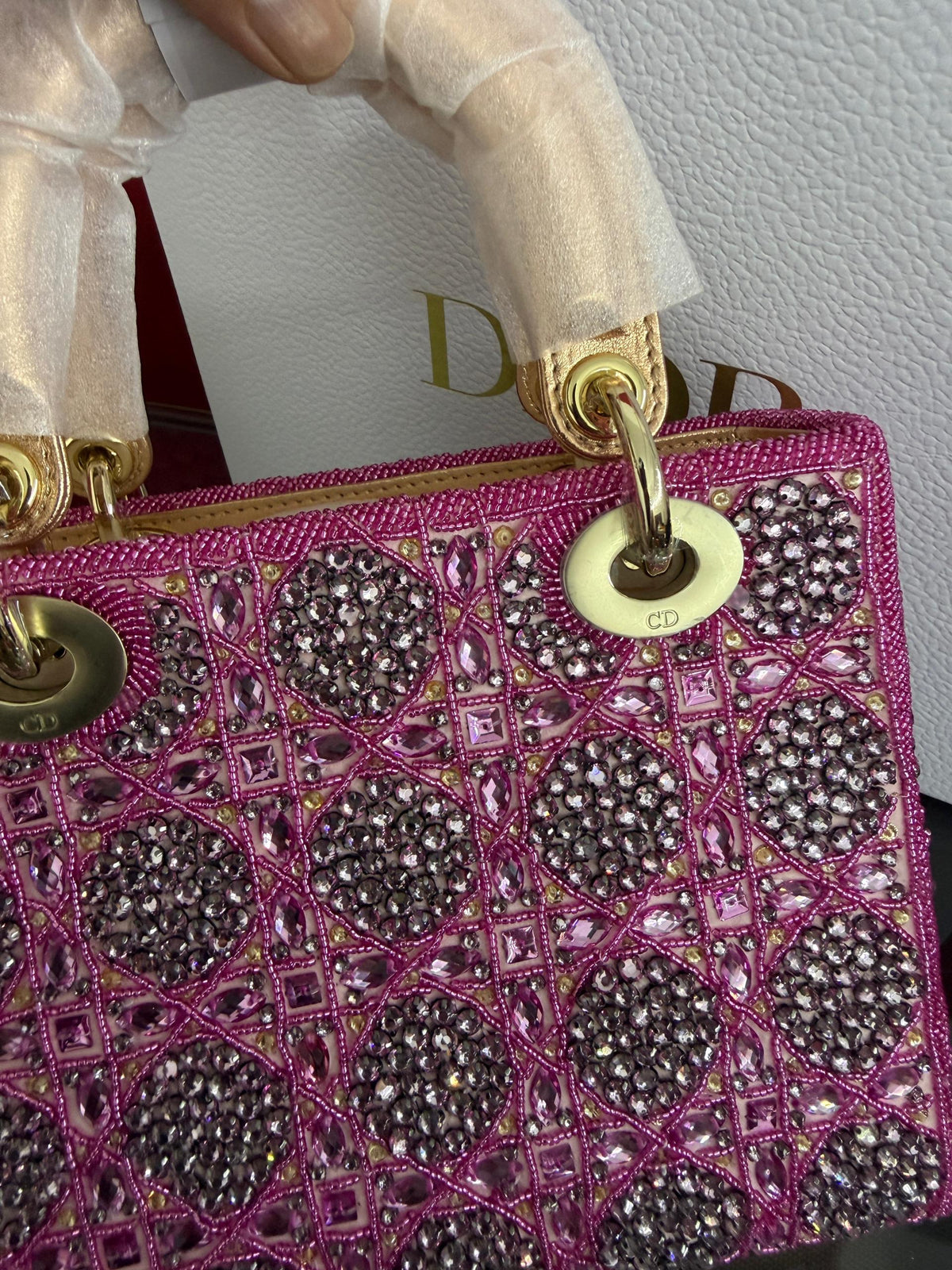 LADY DIOR BAG Metallic Calfskin &amp; Satin with Rose Des Vent