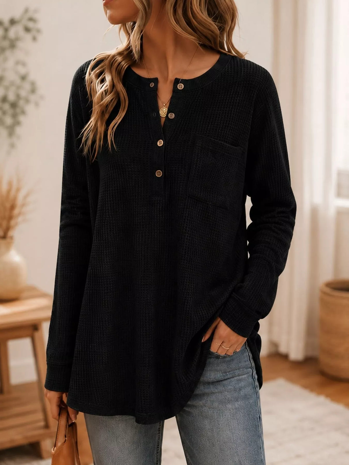 Waffle Knit Button Detail Top