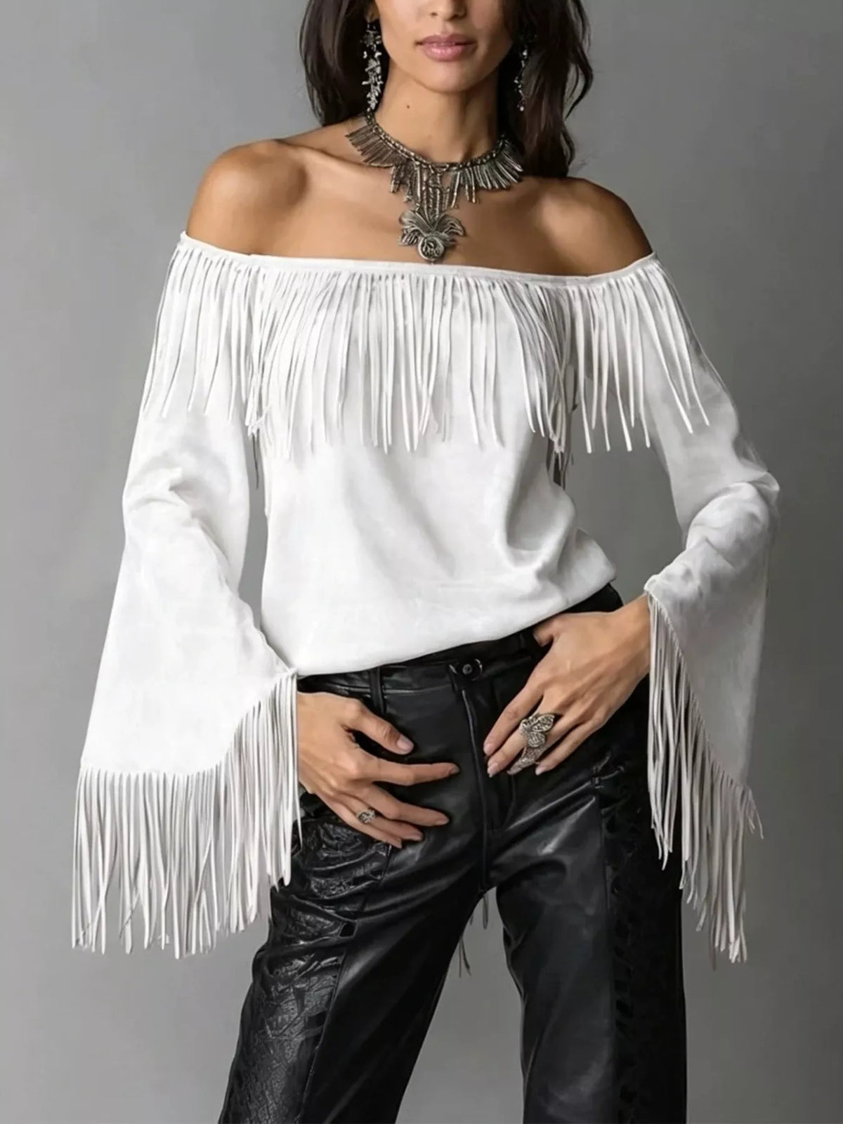 Full Size Fringed Off-Shoulder Flare Sleeve Top Plus Size