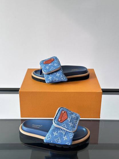 LV Men Blue Denim Slides