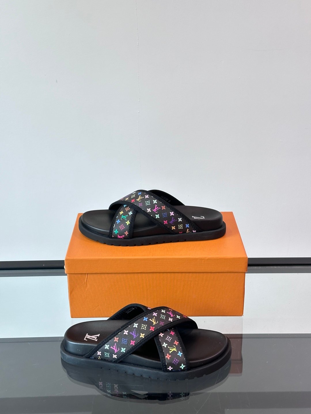LV Men Black Multicolor Canvas Slides