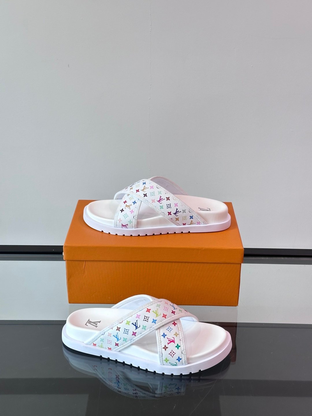 LV Men White Multicolor Leather Slides