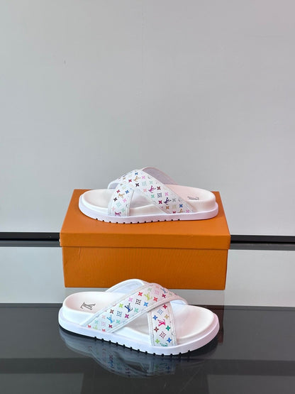 LV Men White Multicolor Leather Slides