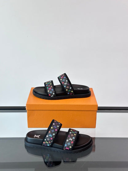 LV Men Black Canvas Double Strap Slides