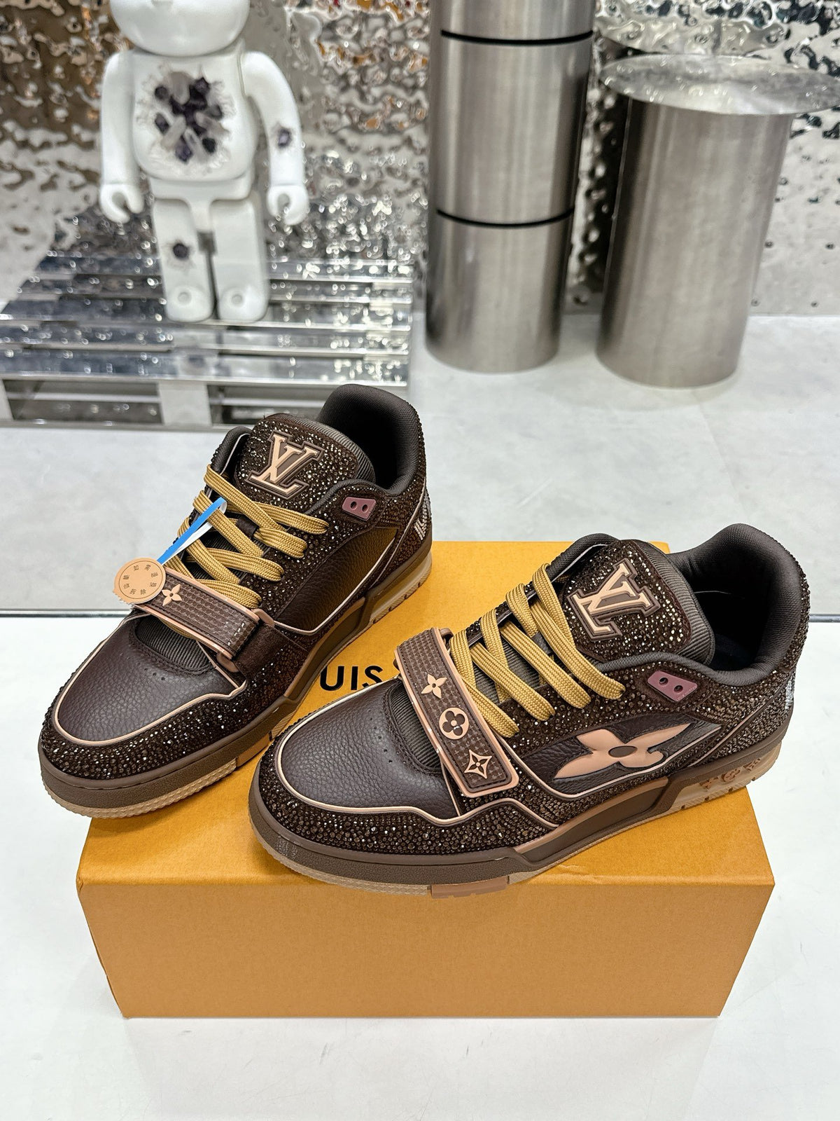 LV Women Brown Leather Sparkle Strap Sneakers