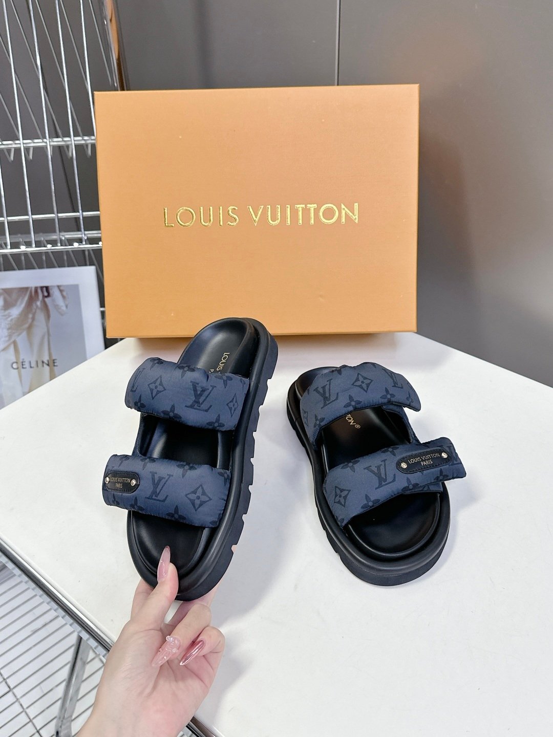 LV Women Blue Fabric Leather Sandals