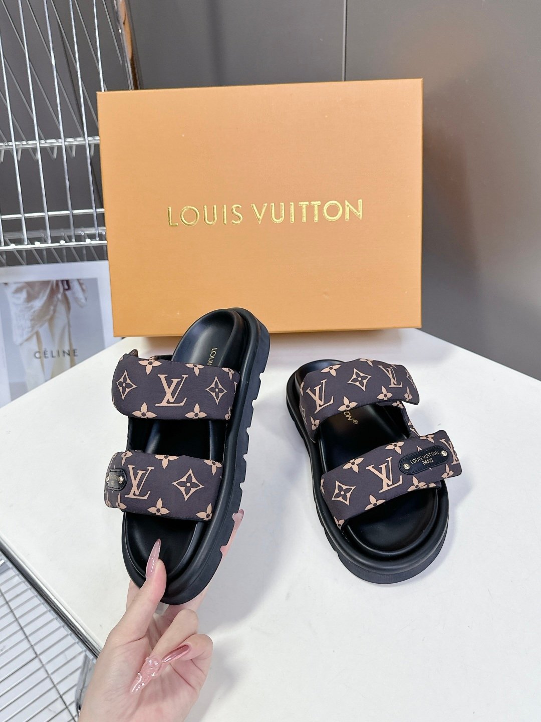 LV Women Black Brown Patterned Fabric Sandals