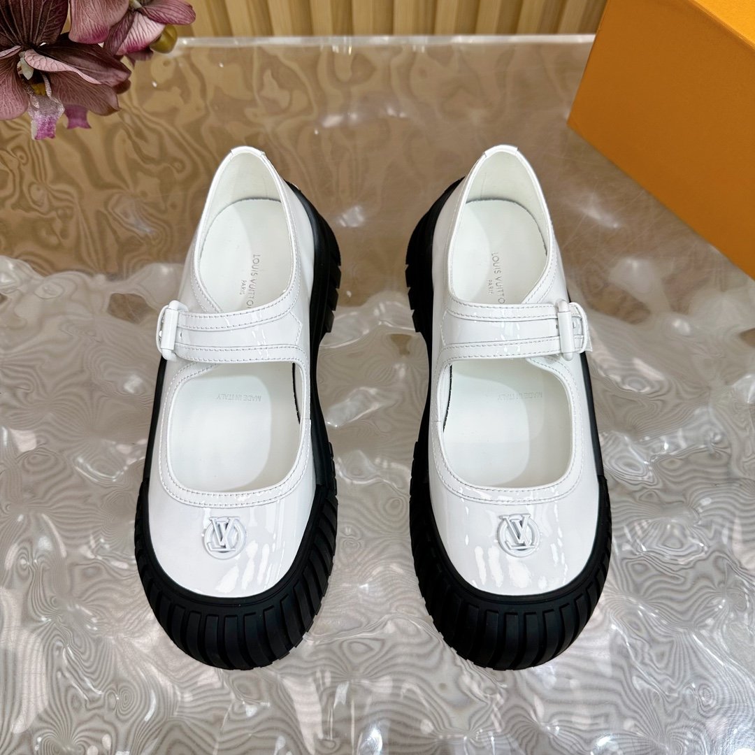 LV Women White Patent Leather Rubber Toe Mary Janes