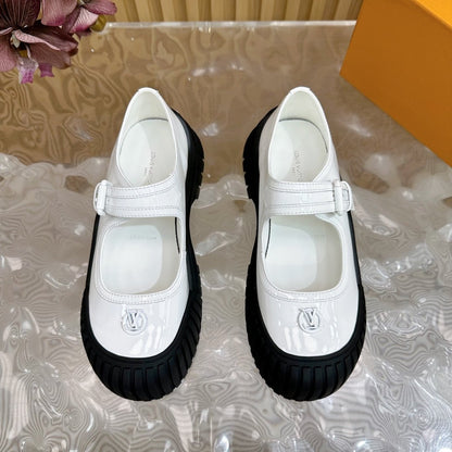 LV Women White Patent Leather Rubber Toe Mary Janes