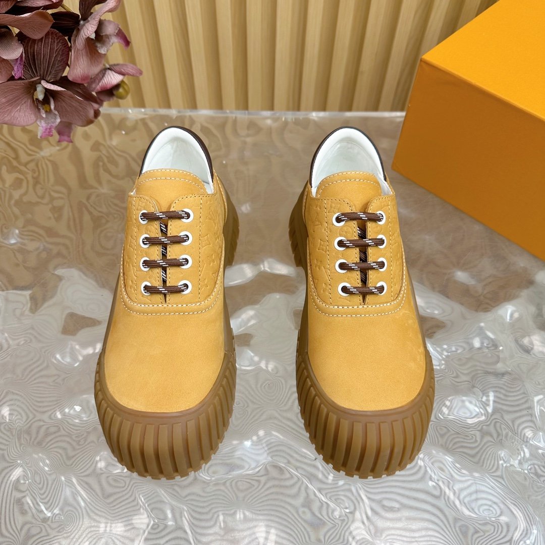 LV Women Mustard Suede Lace-Up Sneakers