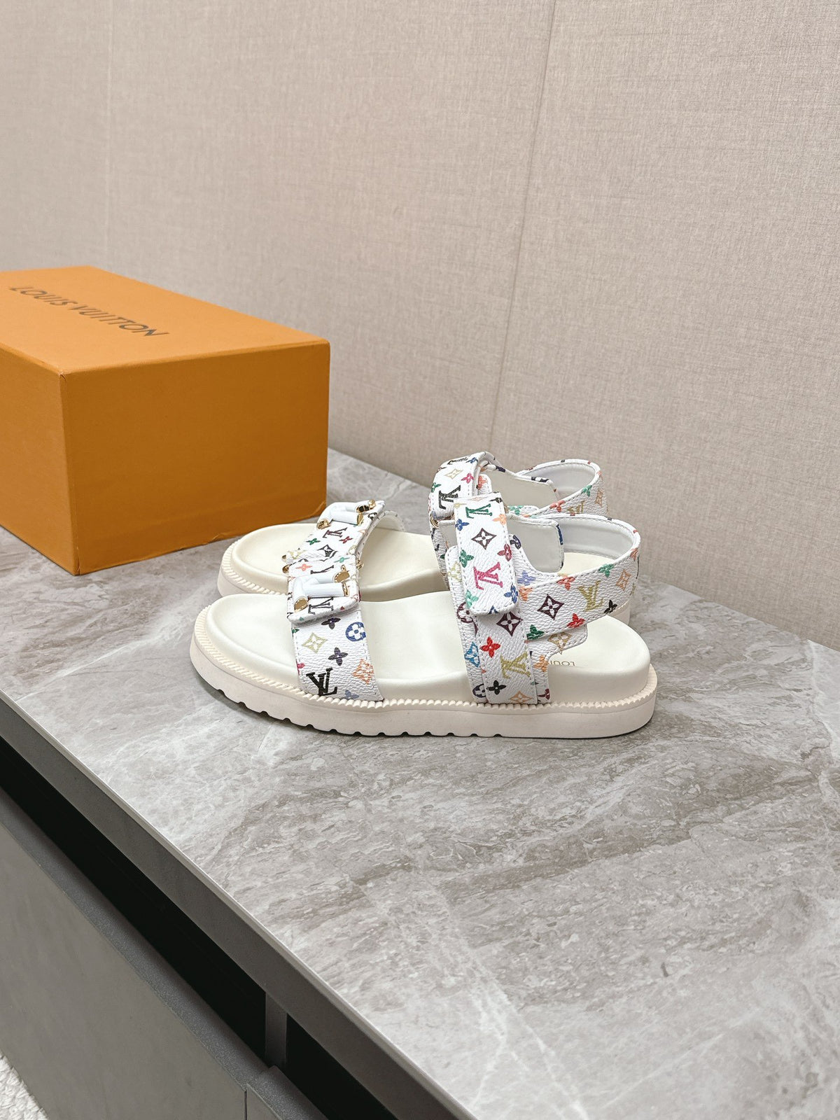 LV Women White Patterned Fabric Sandals