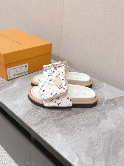 LV Women White Leather Multicolor Logo Mules
