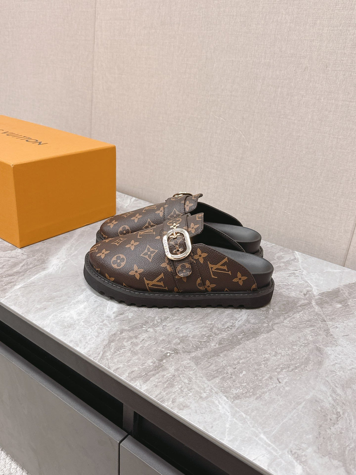 LV Women Brown Leather Monogram Mules