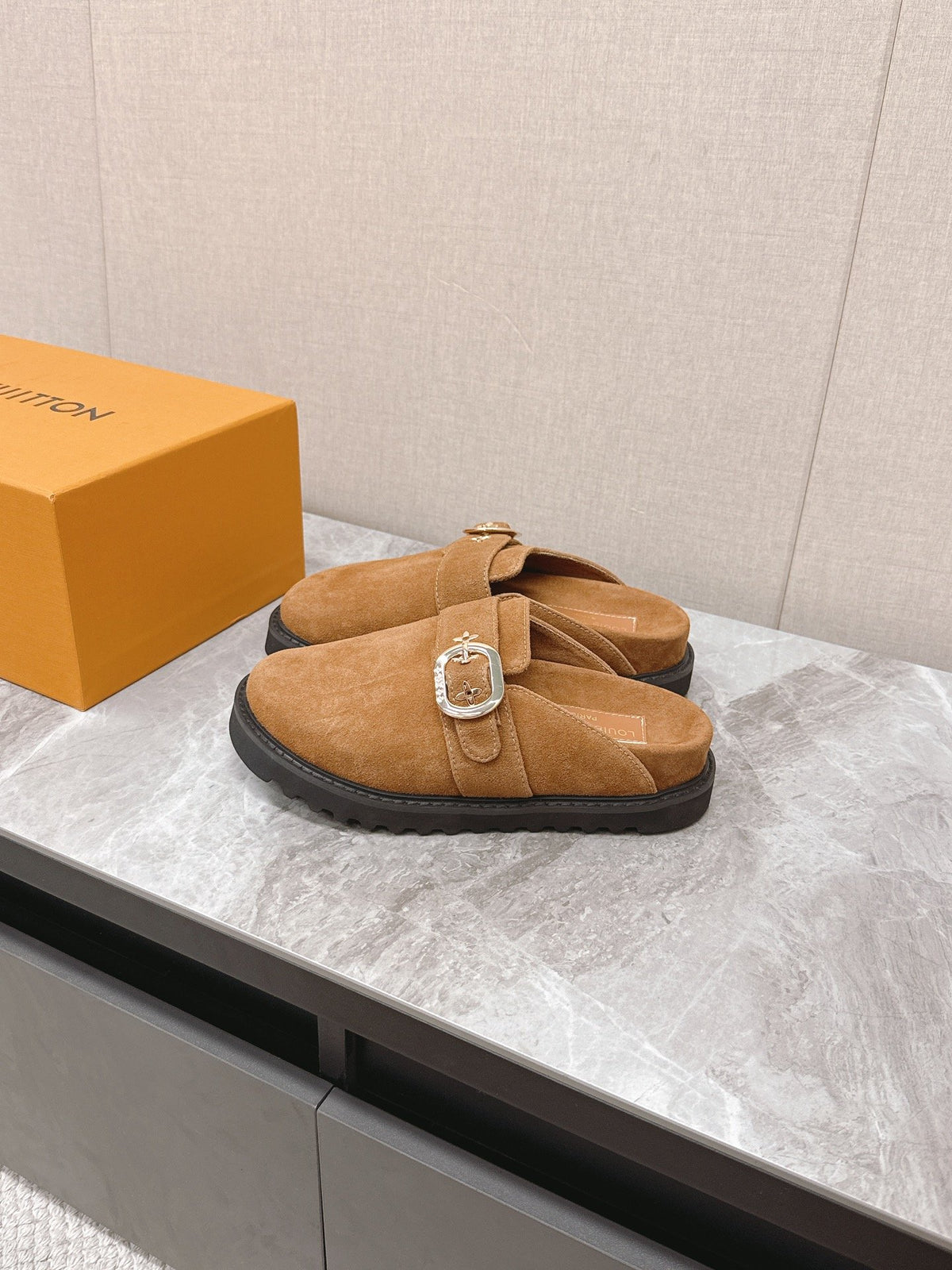 LV Women Brown Suede Mules